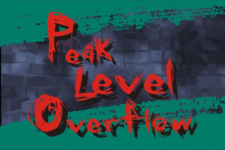 Originales Bandlogo von Peak Level Overflow aus dem Jahr 2000, rote Schrift vor dunkler Steinwand