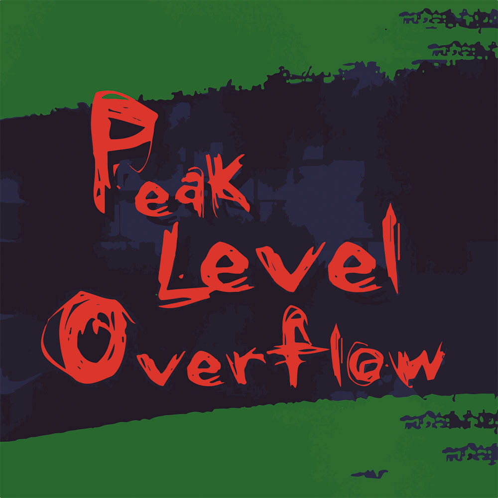 Schriftzug Peak Level Overflow in roter Grunge-Schrift auf dunklem Grund mit grünen Farbstreifen